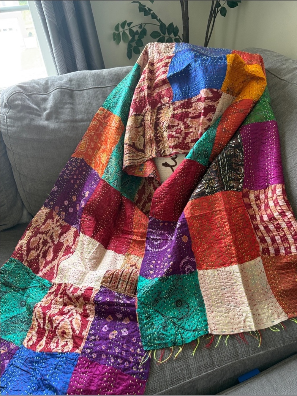 Handmade Multicolor Patchwork Kantha silk scarf NWOT